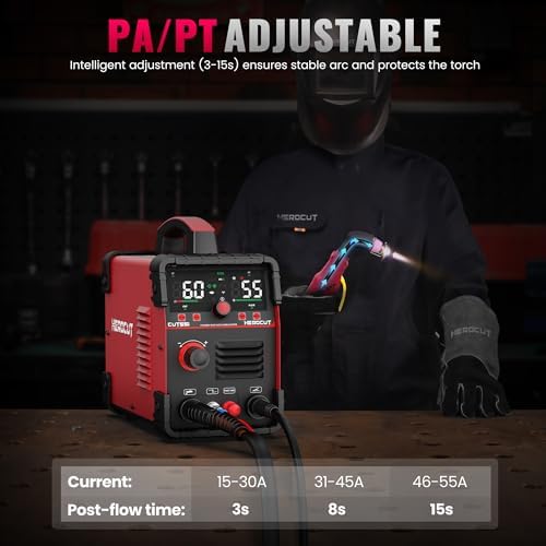 Plasma Cutter, 55Amps HEROCUT Plasma Cutter Machine CUT55i, Non-Touch Pilot Arc, 110/220V Dual Voltage IGBT Inverter, Screen Display, Air Sensor, 1/2'' Clean Cutting Thickness, 2T/4T for Beginners DIY