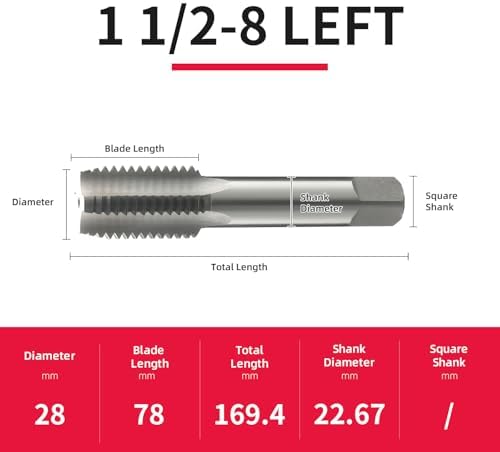 1 1/2-8 Left Hand Straight Flute Thread Tap Machine Tap HSS (High Speed Steel) Threading Tapping Repair Tools DRINYOUNG (1 1/2-8 Left)