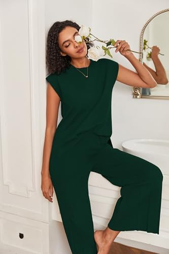 Ekouaer Lounge Sets for Women Two Piece Outfits Knit Cap Sleeve Tops Wide Leg Pleated Pants Casual Dressy Sweater Sets