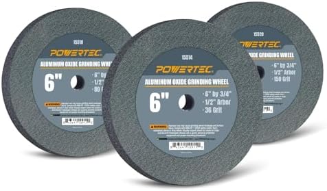 POWERTEC Bench Grinder Wheel 6 Inch White 36/80/150 Grit, Aluminum Oxide Grinding Wheel for Bench & Pedestal Grinder, 3/4" Thick 1/2" Arbor, Sharpening & Shaping Drill Bits, Blade, Chisel, 3PK (15529)