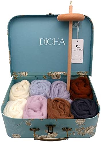 DICHA 3 Inch Drop Spindle Kit- High Low Whorl Wooden Spindles with 8 Oz Merino Wool/Top and Instructions-Weaving Spinning Wheels for Beginners-All in A Gift Box-Perfect Spinner Gifts