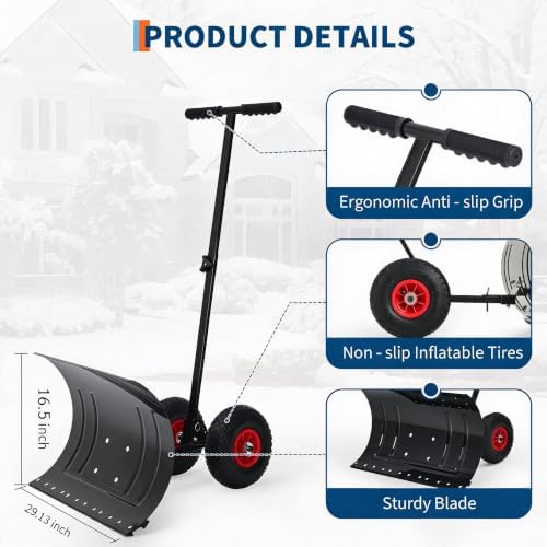 MAXSA 29" W Push Snow Plow Shovel with Wheels for Driveway, Black