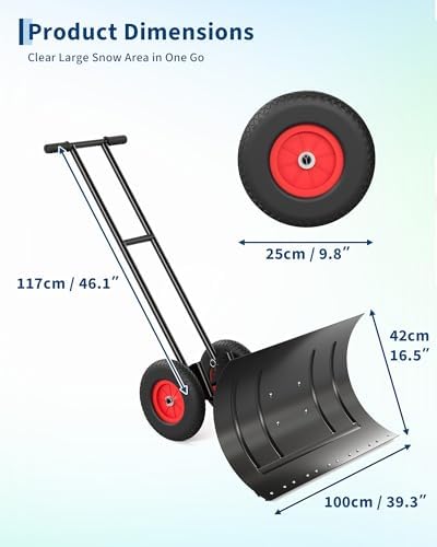 40" Heavy-Duty Steel Snow Pusher with Wheels, Adjustable Ergonomic Handle & 45° Angled Blade for Efficient Driveway & Sidewalk Clearing