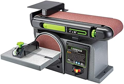 Genesis GBDS430 Benchtop Belt & Disc Sander | 4 × 36-Inch Tilting Sanding Belt | 6-Inch Sanding Disc | 4.3A Induction Motor | Cast-Aluminum Tilting Table | Miter Gauge