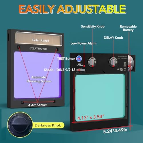 TRQWH Welding Helmet Auto Darkening Large Viewing True Color Solar Powered Welding Mask with 4 Arc Sensor Adjustable Wide Shade Range 4~5-8/9-13 Welder Mask with Grinding (TRQ-CSC003)