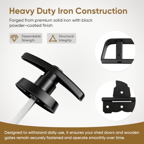 9-Piece Heavy Duty Shed Door Hardware Kit – 6.5" Black Powder Coated Iron T-Handle Lock with Keys + 6 Anti-Sag Hinges + 2 Barrel Bolts for Outdoor Sheds, Barns & Wooden Fence Gates