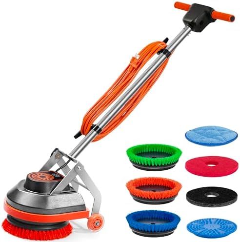HHQ Commercial Floor Scrubber Machine with Brushes and Pads, Heavy Duty Floor Cleaner Polisher and Buffer- Deep Cleaning Tile and Grout, Hardwood Floors and Carpets without Getting on Hands and Knees