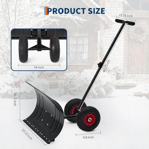 Garvee Heavy Duty Steel Snow Shovel Pusher with Wheels for Driveways, 29In Wide Push Snow Plow Shovel, Adjustable Handle, Angled Blade, Efficient Snow Removal for Easy Driveway & Pavement Clearing