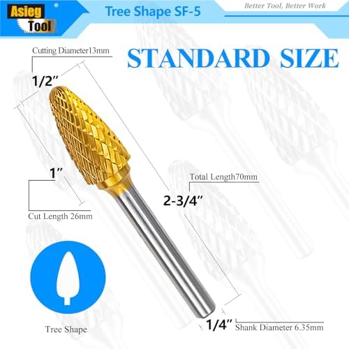SF-5 5pcs Tungsten Carbide Burr TiN Rotary File Tree Shape Radius End Shape Double Cut for Die Grinder Drill Bits 1/4'' Inch Diameter of Shank and 1/2'' Diameter of Cutter 1'' Inch Cutter Length