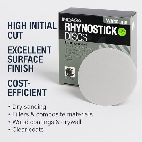 Indasa 5" Rhynostick White Line PSA Discs – Aluminum Oxide, No-Clog, Easy Release Tabs, 36-600 Grit, for Wood, Drywall & Auto Body Sanding (5 Inch Sticky Back(PSA), 600, Extra Fine)
