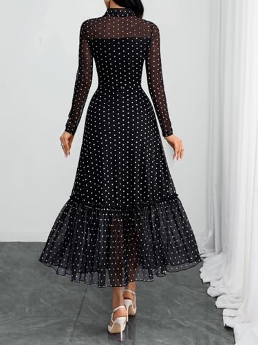 GothDark Polka dot Dress for Women Tie Neck Bow Ruffle Fall Vintage Dress