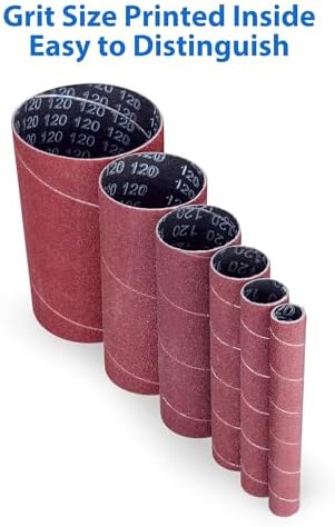 LotFancy Spindle Sanding Sleeves, 120 Grit, Pack of 24, Aluminum Oxide Abrasive, 4-1/2” Length, 4 Each of 1/2”,3/4”,1”,1-1/2”, 2” and 3”
