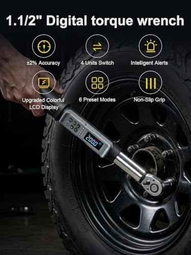 GROWNEER Digital Torque Wrench Set, Inch Pound Torque Wrench with Buzzer & LED Indicator, Electronic Wrench Set with Bits & Sockets (Black, Open Head/7.38-147.5 Ft-lbs)