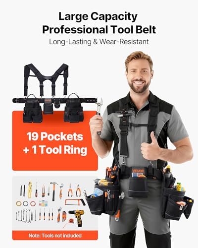 VEVOR Tool Belt, 19 Pockets Tool Pouch with Suspenders for Men, Heavy Duty Adjustable Utility Belt Work Bag Detachable Suspension Rig for Electrician, Carpenter, Construction, Adjust Waist 31 to 51in