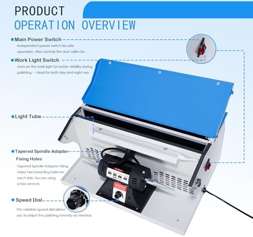 110V 800W Jewelry Polisher Machine, Jewelry Polisher Bench Buffer with Integrated Dust Collector, Exhaust Fan, Work Light and Motor Housing