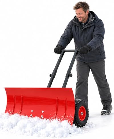 Snow Shovel with Wheels, for Efficient Snow Removal (Dual Bar - Red)