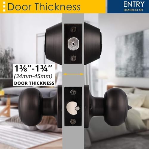 1 Pack Keyed Alike Door Knob with Double Cylinder Deadbolt Lock Set, Oil Rubbed Bronze Door Lock Sets Exterior, Round Style Door Knob Deadbolt Combination Set