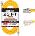 IRON FORGE CABLE 25 ft Lighted Outdoor Extension Cord - 12/3 SJTW Heavy Duty Yellow Extension Cable Extension Cable with 3 Prong Grounded Plug for Safety, 15AMP -Great for Garden and Major Appliances