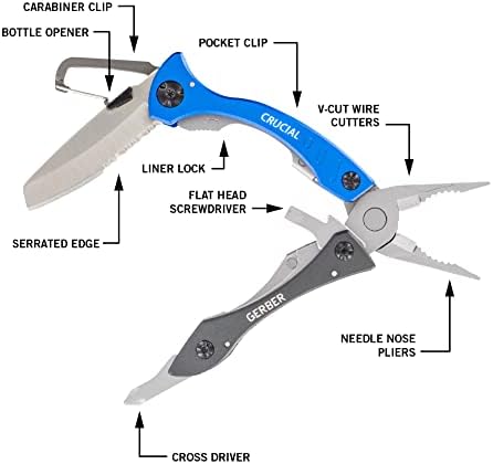 Gerber Crucial EDC Multitool Pliers and Pocket Knife with Pocket Clip, Blue