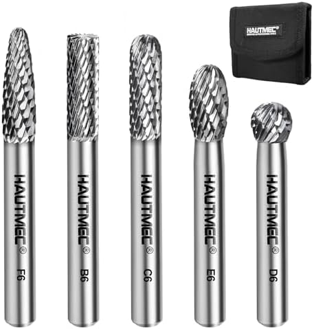 HAUTMEC 5Pcs Tungsten Carbide Rotary Burr Bit YG6, 1/4" Shank Double Cut Die Grinder Bit with Belt Pouch, Low Vibration Precision Rotary File for Metal Grinding, Engraving & Deburring (6MM), HT0453