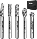 HAUTMEC 5Pcs Tungsten Carbide Rotary Burr Bit YG6, 1/4" Shank Double Cut Die Grinder Bit with Belt Pouch, Low Vibration Precision Rotary File for Metal Grinding, Engraving & Deburring (6MM), HT0453