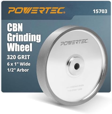 POWERTEC CBN Grinding Wheel 6 Inch 320 Grit, 1" Wide, 1/2" Arbor – Bench Grinder Sharpening Wheel for HSS Tools, Lathe Chisels, and Woodturning Tools (15703)