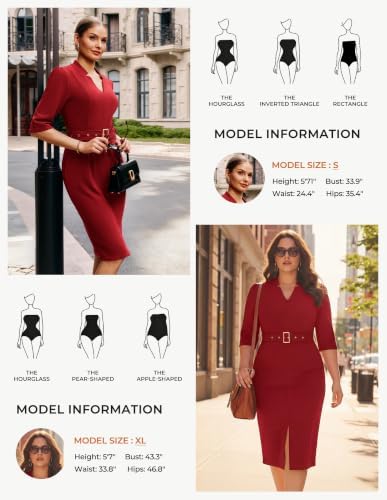 GRACE KARIN Women's Work Dress 3/4 Sleeve V Neck Bodycon Dress with Belt