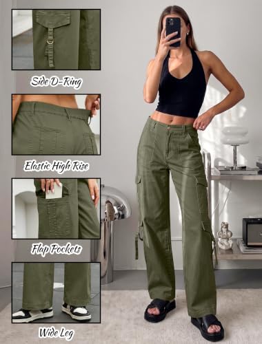 Eddoyee Cargo Pants for Women Elastic High Waisted Wide Leg Hiking Pants