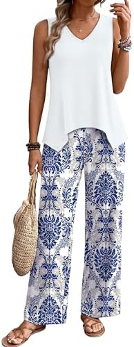 WIHOLL Two Piece Sets for Women Dressy Lounge Sets Summer Outfits Cruise Travel Beach Vacation Casual Wide Leg Pants Set