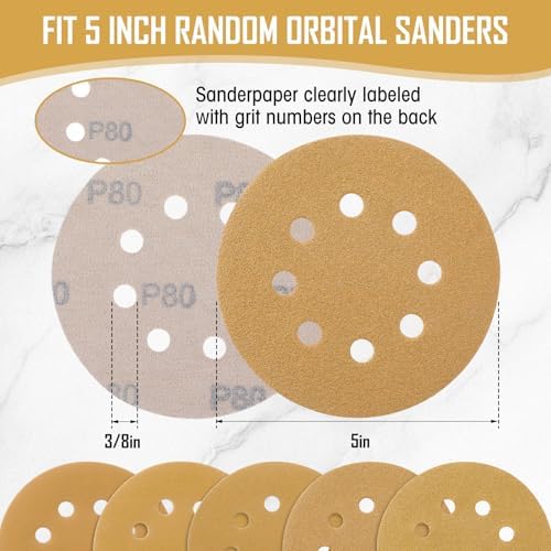 500 Pcs 5 Inch 8 Hole Sanding Discs, 60/80/120/220/320, Yellow