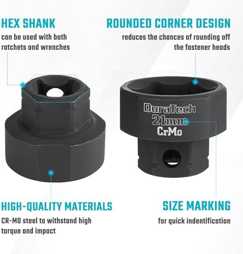 DURATECH 19-Piece 3/8" Drive Stubby Impact Socket Set for Narrow Spaces | 6mm-24mm, Metric, Cr-Mo Steel, Size Markings, Organized in Magnetic Storage Rail, for Tight Spaces, Automotive Repairs