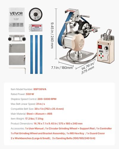 VEVOR Belt Grinder Sander with VFD, 30 x 1-Inch Variable Speed Belt Polisher, 550W Polishing Grinding Machine with 2 Grinding Modes & 3PCS Sanding Belts for Metalworking, Knife Making