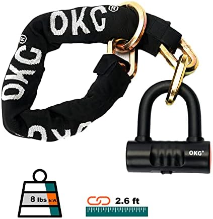 OKG Heavy Duty Bike Lock, Black, 8 lb, 2.6ft x 1/2 in (12mm) Thick Cut Proof Chain Combo 18mm Small U Lock, Ideal for Motorcycles, ATVs, Mopeds or Garage Security