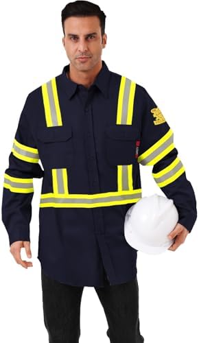 FR Shirts for Men 7oz High Visibility Fire Resistant Shirts CAT2 Welding Shirt 100% Cotton Hi Vis Flame Resistant Shirt Navy(4X-Large)