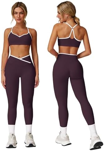 ABOCIW Workout Sets for Women 2 Piece Color Block Strappy Sports Bra High Waist Shorts Gym Yoga Pilates Outfits