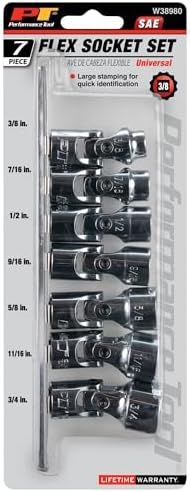 Performance Tool W38980 7-Piece 3/8 in. Drive SAE Flex Socket Set | Sizes 3/8 to 3/4 inch. 12-point design reduces rounding. Chrome vanadium steel. Includes metal socket rail