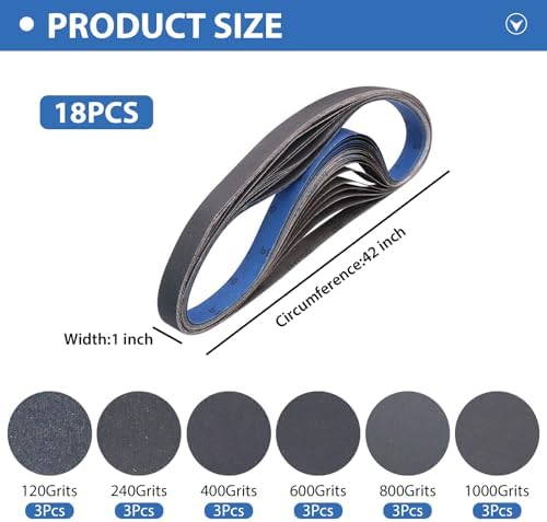 Taokyid 1x42 Inch Sanding Belts, 120 240 400 600 800 1000 Grit, 18 Pack