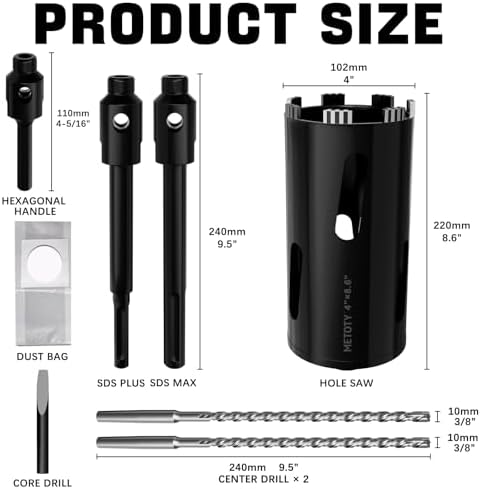 Diamond Core Drill Bit 4"(102mm) with Pilot Bit & Adapters (SDS Plus & Hex) – Upgraded Welded Segments, 8.6" Depth – for Concrete, Solid Brick, Hollow Brick, Masonry & More