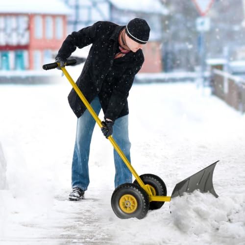 Outsunny Snow Shovel with Wheels Snow Pusher 29" Blade 10" Wheels Yellow