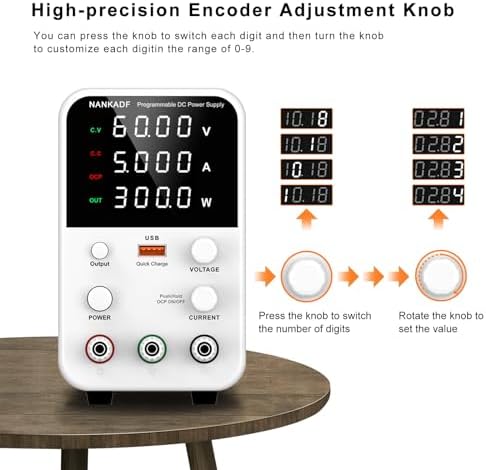 DC Power Supply Variable, Bench Power Supply with Encoder Adjustment Knob, Output Enable/Disable Button, Adjustable Power Supplies with USB Quick-Charge, Short Circuit Alam (60V 5A White)