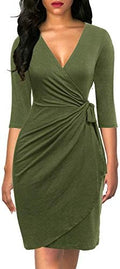 Berydress Women's 3/4 Sleeve V Neck Casual Party Work Faux Black Wrap Dress