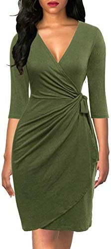 Berydress Women's 3/4 Sleeve V Neck Casual Party Work Faux Black Wrap Dress