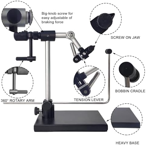 EUPHENG New Upgrade N075 Madison True Rotary Vise with Two Ball Bearings Inside More Smooth Fly Tying Vise with 360 Degree Rotation Easy Adjustment of Rotation Resistance 26 to 4/0 Hook Sizes