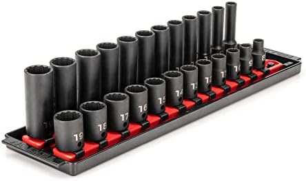 TEKTON 3/8 Inch Drive Impact Socket Set, 24-Piece | SID91213 | (8 - 19 mm), Shallow and Deep, 12-Point, Socket Rail