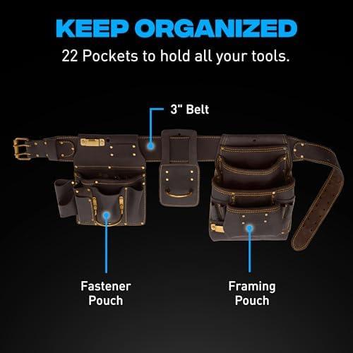 Ox Pro Drywall Tool Belt - 22-Pocket Leather Tool Belt Pouches - Made of Oil-Tanned Leather with Double-Stitching and Steel Rivets - OX-P263804