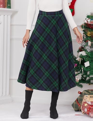 IDEALSANXUN Womens Plaid Wool Skirts Elastic Waist A-Line Pleated Tartan Long Skirts