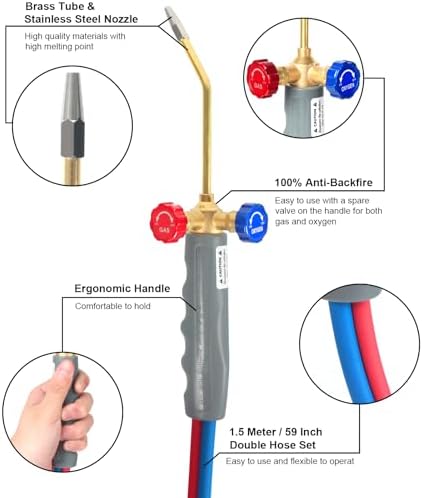 Brazing Torch Kit for MAPP Gas & Propane, Brass & Stainless Steel Cutting Torch Kit with Dual Pressure Meters & Metal Case, Welding Torch Set for Soldering, Jewelry, HVAC, Glass Blowing