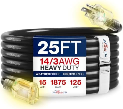25ft Outdoor/Indoor Extension Cord 14/3 Gauge Heavy Duty 3 Prong SJTW, Waterproof, Flexible Cold-Resistant Long Power Cord,15A 125V 1875W, Black by LifeSupplyUSA