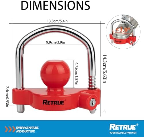 RETRUE Universal Trailer Coupler Lock, Adjustable Hitch Ball Lock, Red
