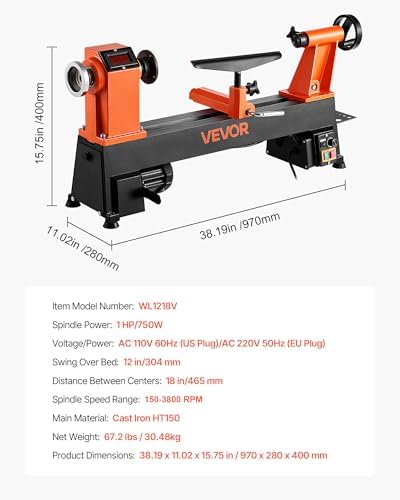 VEVOR Woodworking Lathe, 1 HP, Benchtop Wood Lathe Machine with 150 to 3800 RPM Variable Speed, 12 x 18" Workbench,Brushless DC Motor, Cast Iron Construction,for Beginners DIY Enthusiasts Woodworking